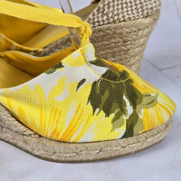 L. K. Bennett Size 40 (US 8.5) Yellow Lace Up Wedge Heels Floral Print Textile - Picture 9 of 16